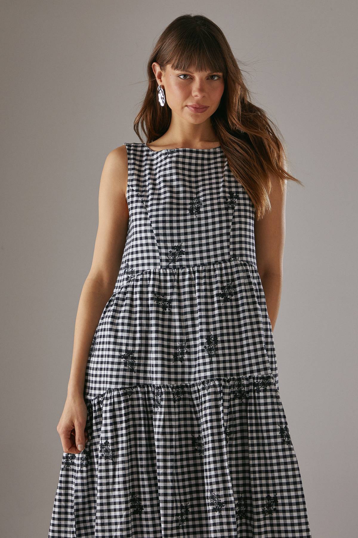 Warehouse Robe Midi Sans Manches Vichy Brodée