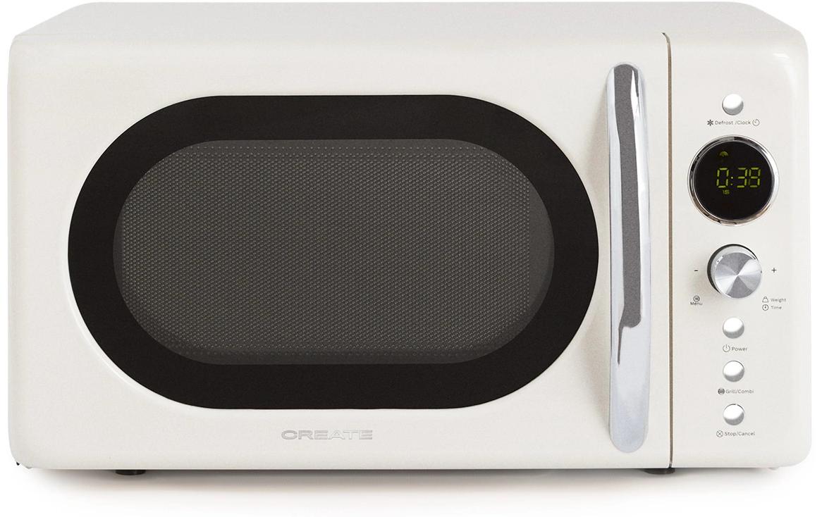 Mikrowelle Retro Wollweiss<br>Retro-Mikrowelle mit Grill, Defrost und Autocook-Funktionen