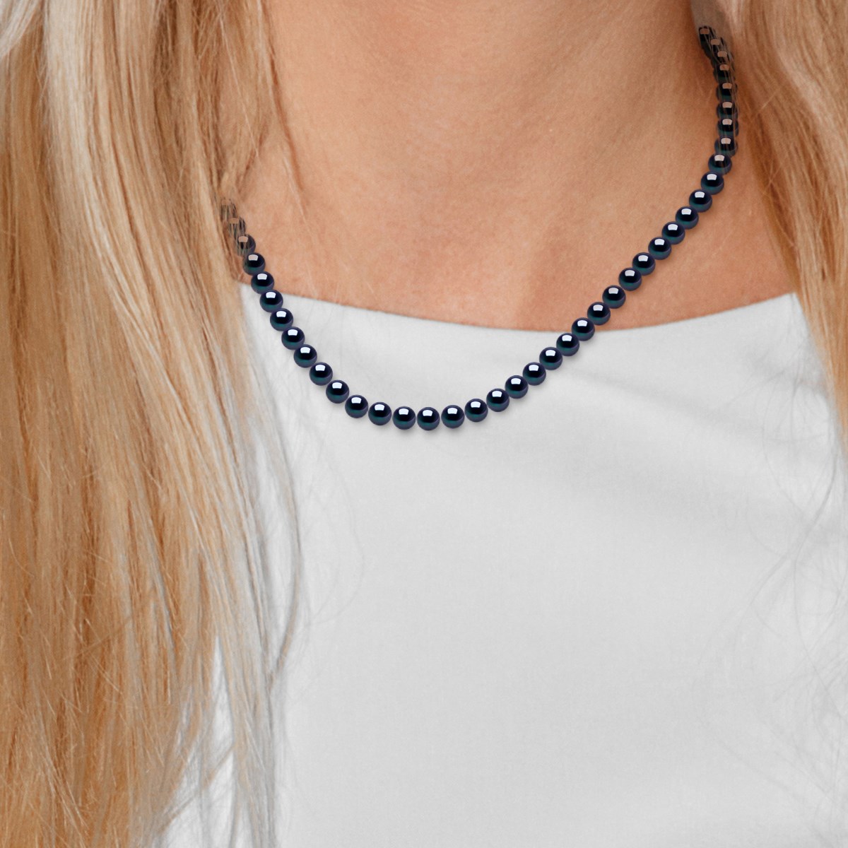 Collier Rang PRINCESSE Perles d'Eau Douce Rondes 6-7 mm Noires Fermoir Prestige Or Blanc
