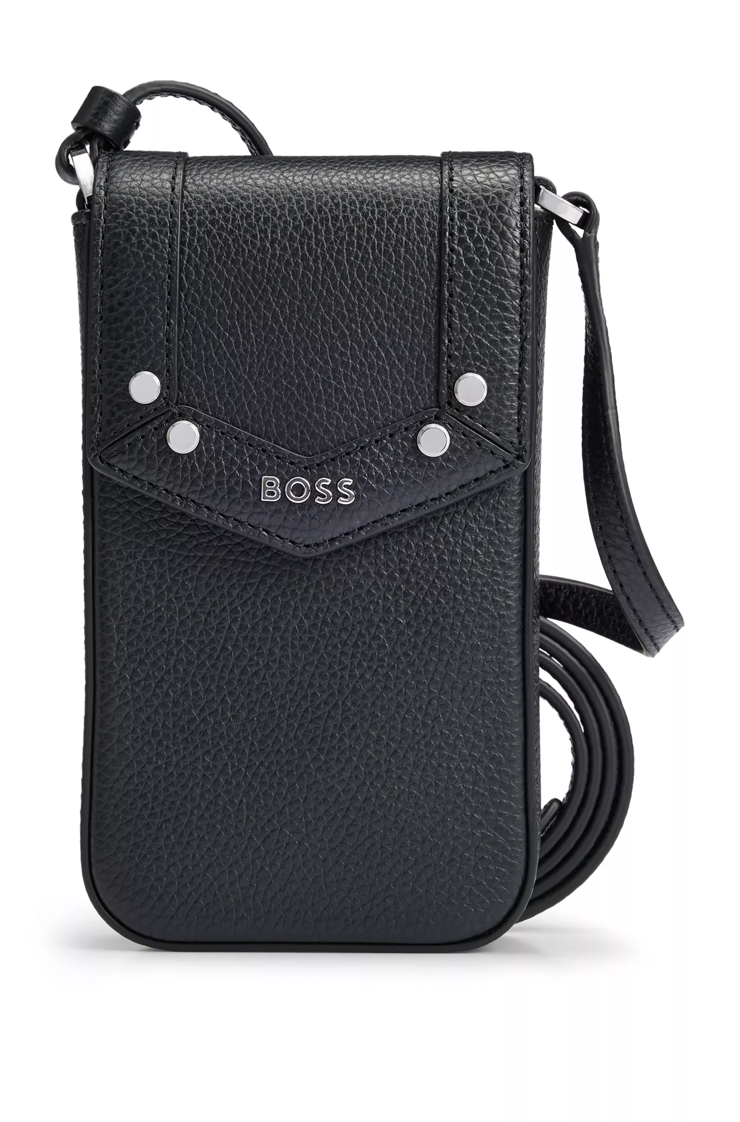 Suporte para celular BOSS em couro granulado preto com detalhes em metal.