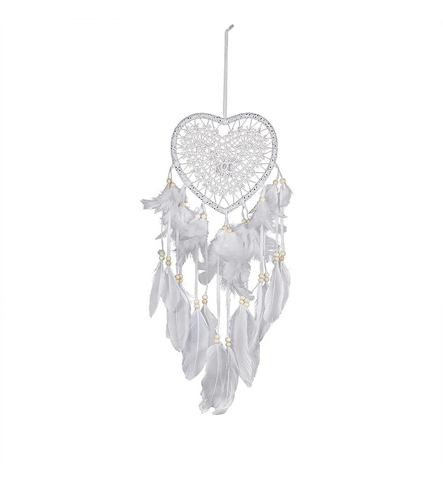 (57x16cm) 18 LED's Herz Feder Traumfänger Boho Home Wand Deko Hygge Lifestyle Accessoire (inkl. LR44 Batterie) - Warmweiss / Weiss
