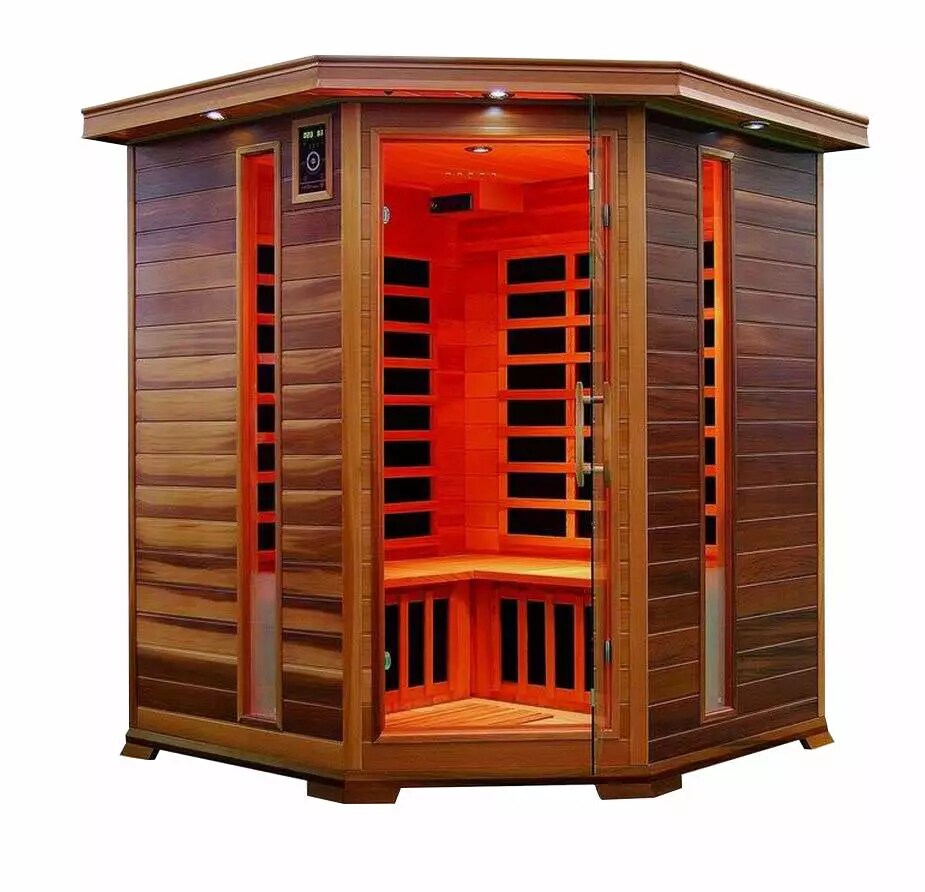 PureHaven Infrarotkabine 150x150x80x95x80 cm aus kanadischem Tannenholz Bluetooth-Soundsystem Lichttherapie in 4 Farben digitale Steuerung