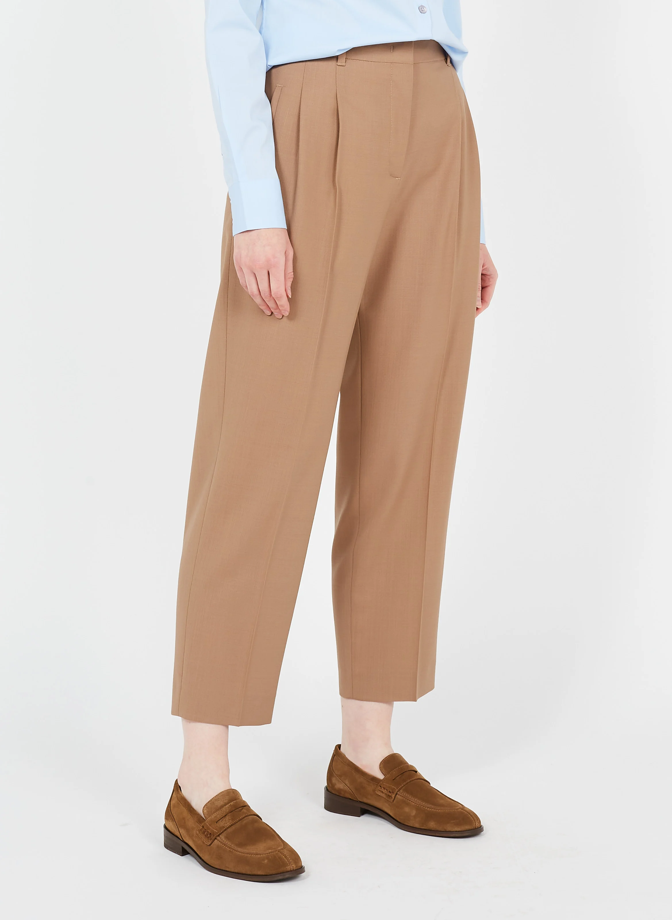 Pantalon à double plis en laine| Marron