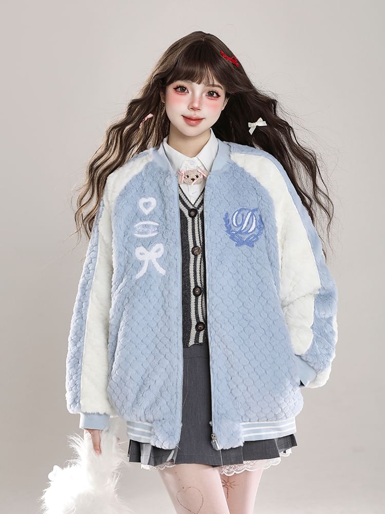 Hazie - Fleece baseballjack met geborduurde letters en rits