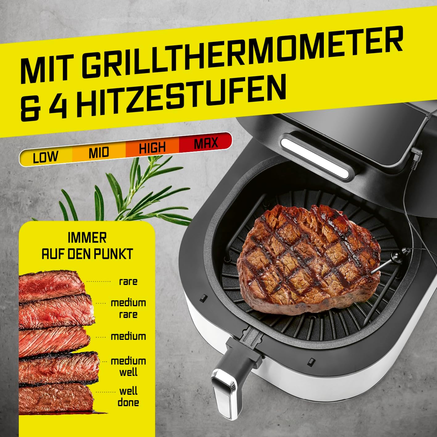 GOURMETmaxx Heißluftfritteuse FryBBQ | Airfryer mit Ober-/Unterhitze | 5 L Multikocher Heissluftfritteuse mit 5 Modi inkl. Dörren | 2in1: Fritteuse & Grill – mit Aludruckguss-Rost & Grillthermometer