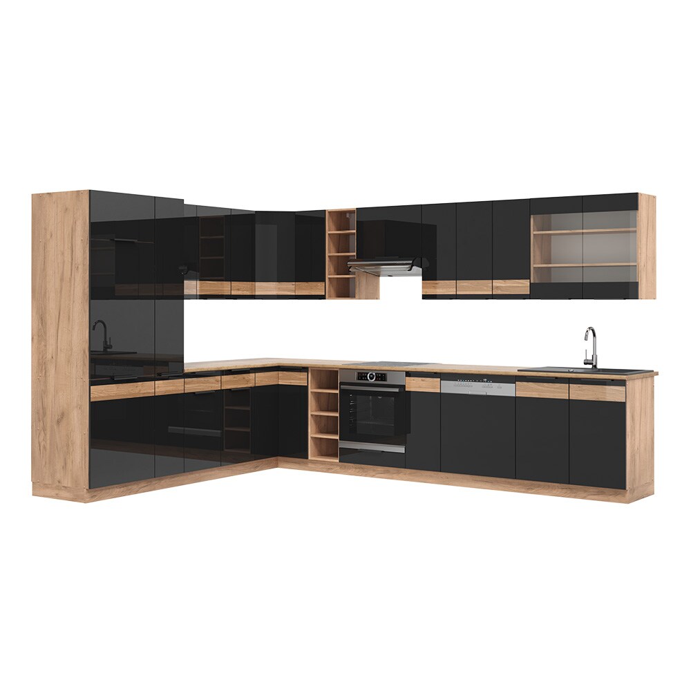 Vicco Eckküche Küchenblock Einbauküche Fame-Line Eiche Schwarz 257x347 cm modern Hochglanz Küchenschränke Küchenmöbel