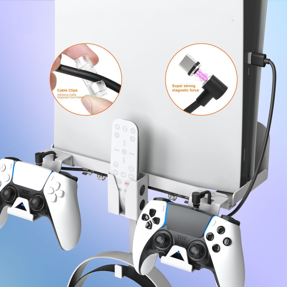 Sony PlayStation PS5 Wandhalterung Metall Konsolen Halter mit Fernbedienung / Headset / Controller Halterung inkl. Dual Ladekabel - Weiss