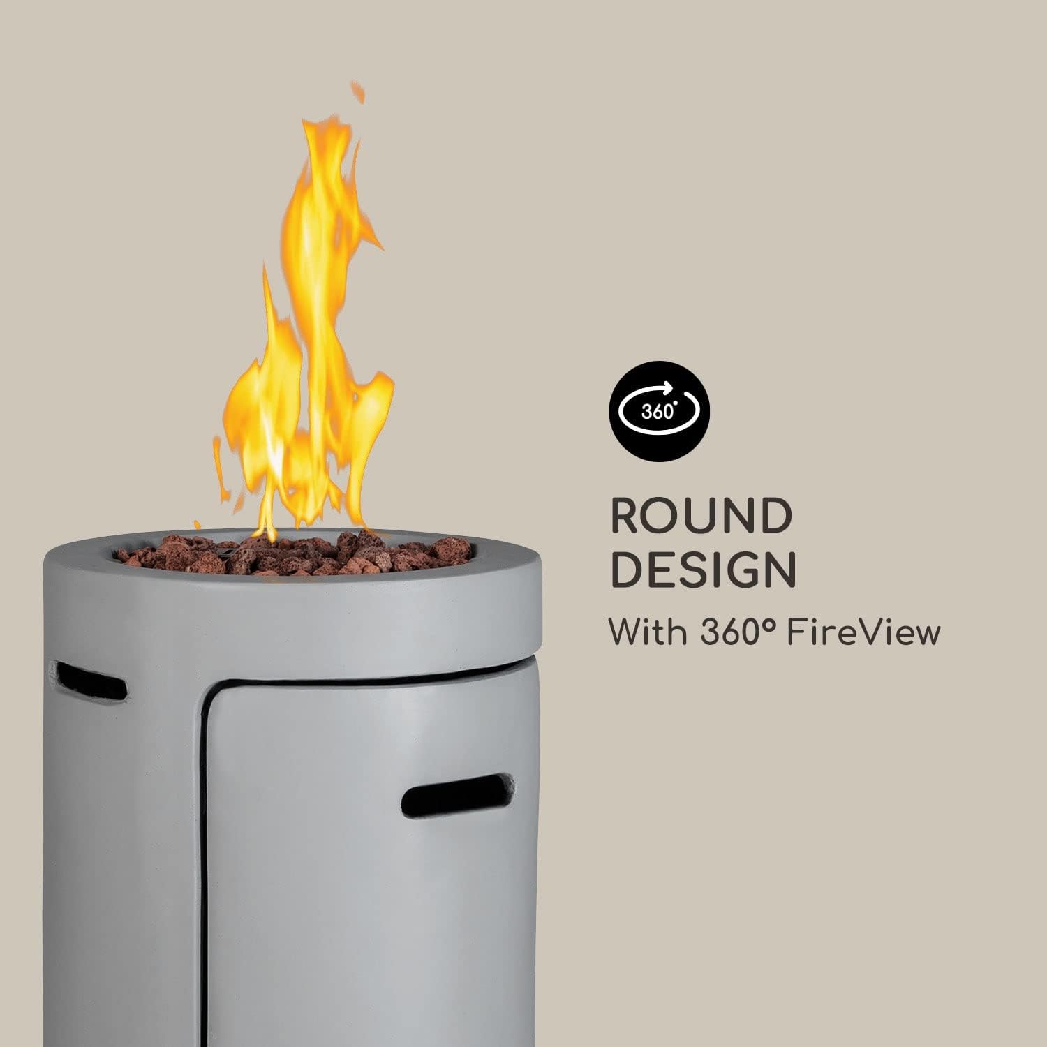 Blumfeldt Crete Gas-Feuerstelle, 13 kW Wärmeleistung, Flüssiggas, Edelstahl, 360° FireView, inkl. Regencover, Gasdruck: max. 50 mbar, zweistufiger Drehregler, hellgrau