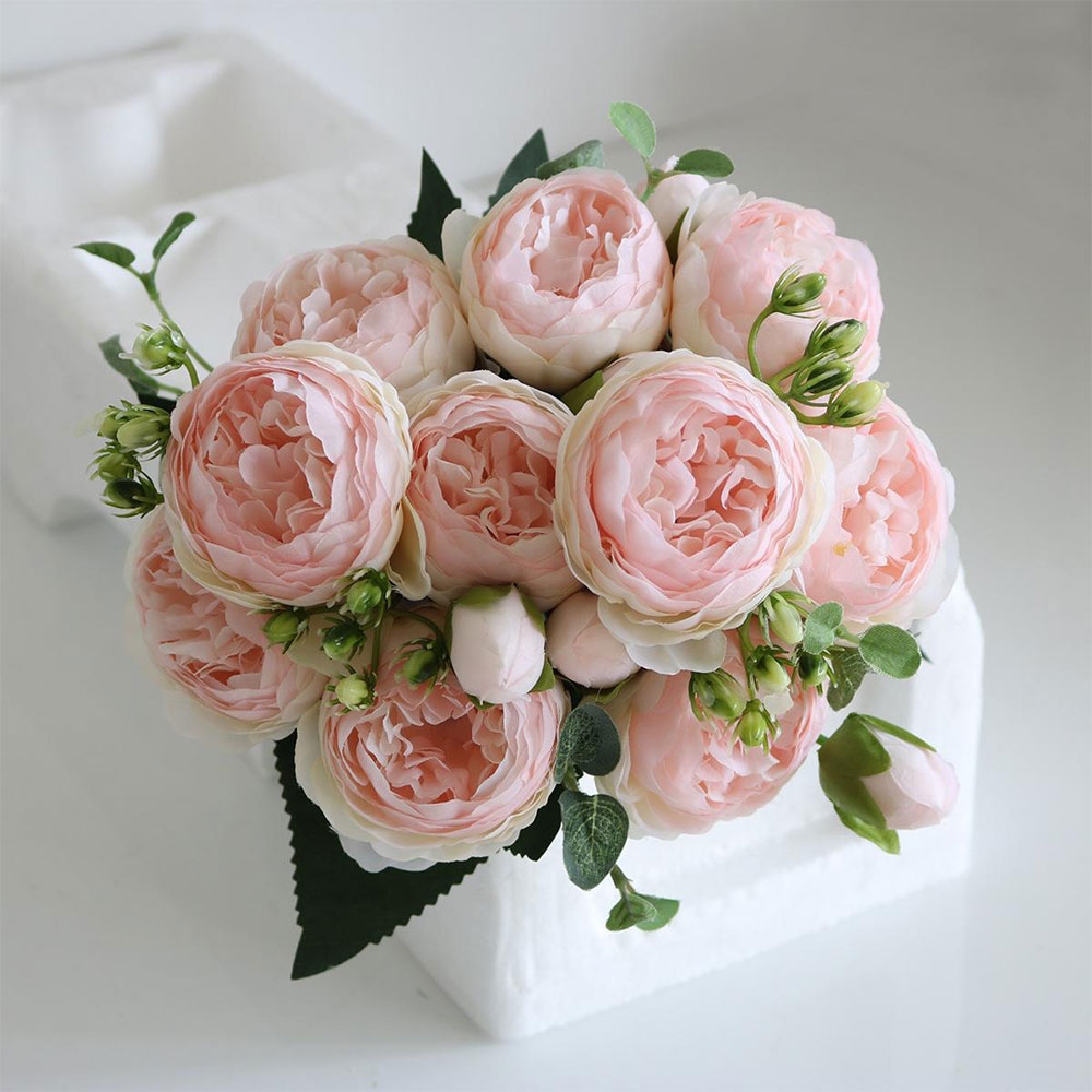 (30cm) Deko Kunstblumen Pfingstrosen Blumenstrauss - Weiss / Rosa
