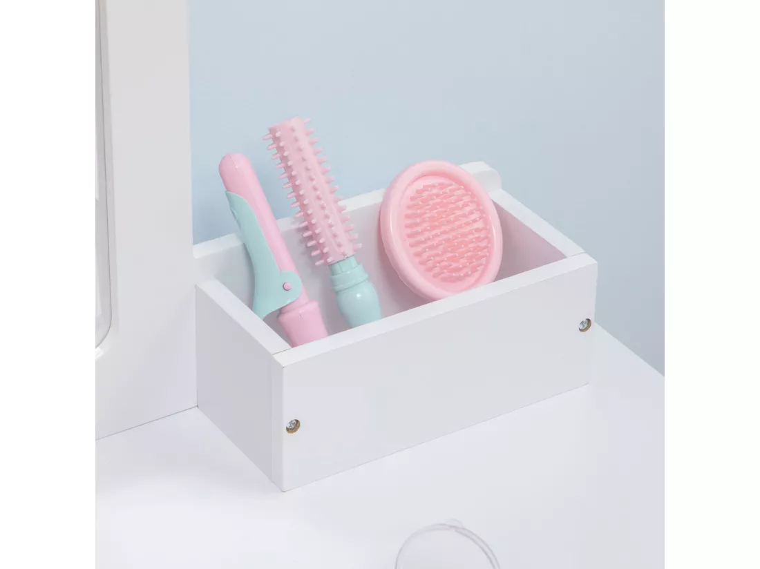 Coiffeuse enfant design scandinave - tabouret inclus - 2 tiroirs, niche, miroir - bois pin MDF blanc