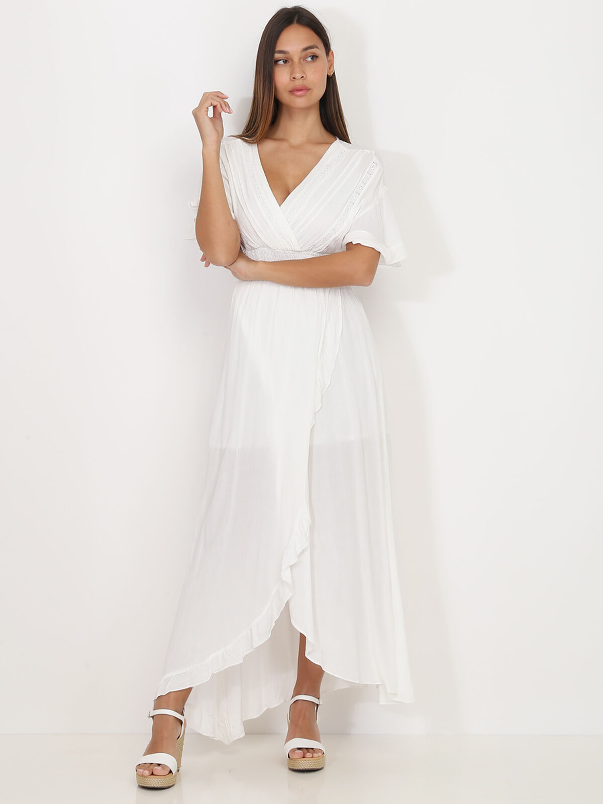 Robe longue portefeuille à volants- Blanc