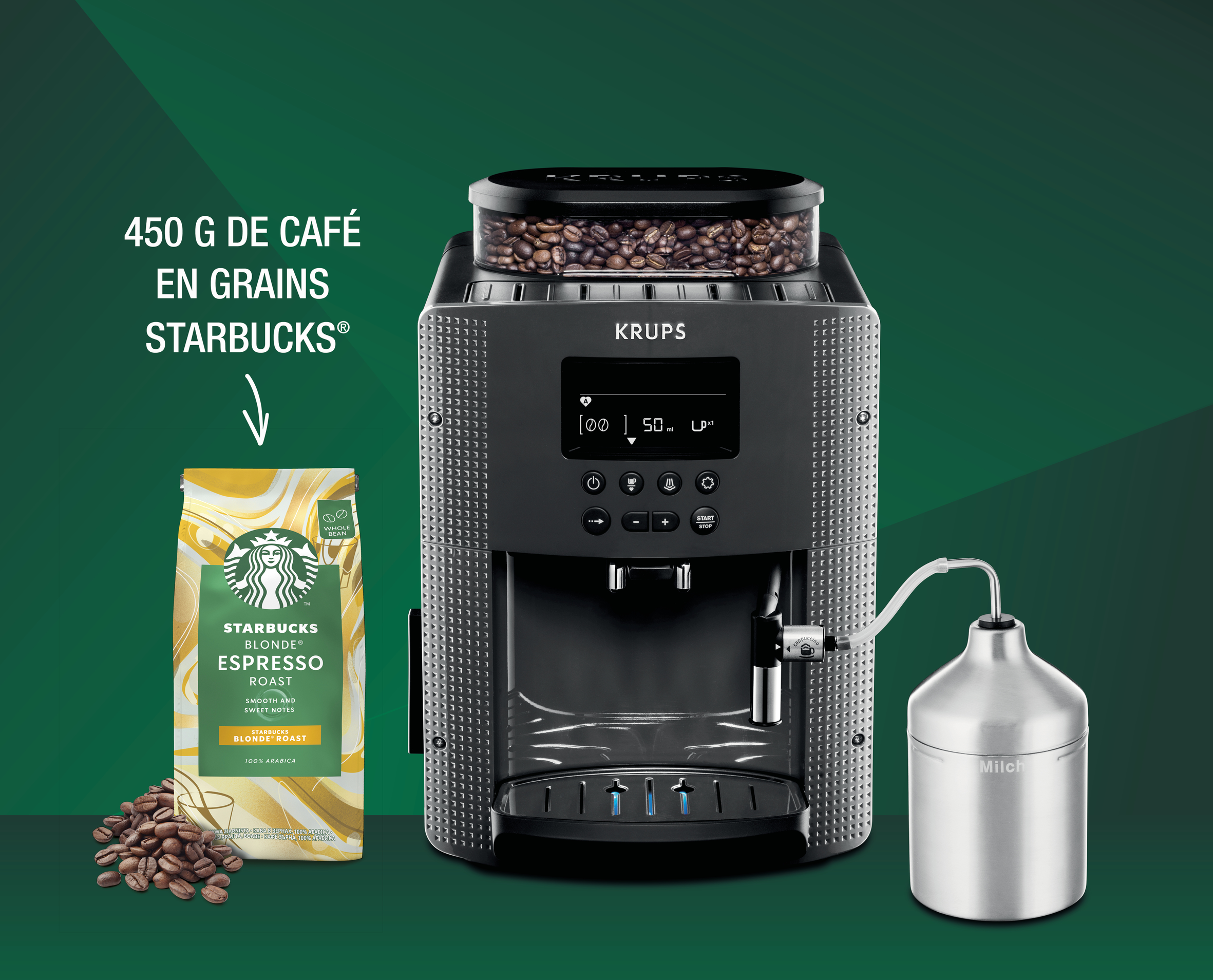 Essential, Machine à café à grain, 3 boissons Ecran LCD, mousseur, café Starbucks