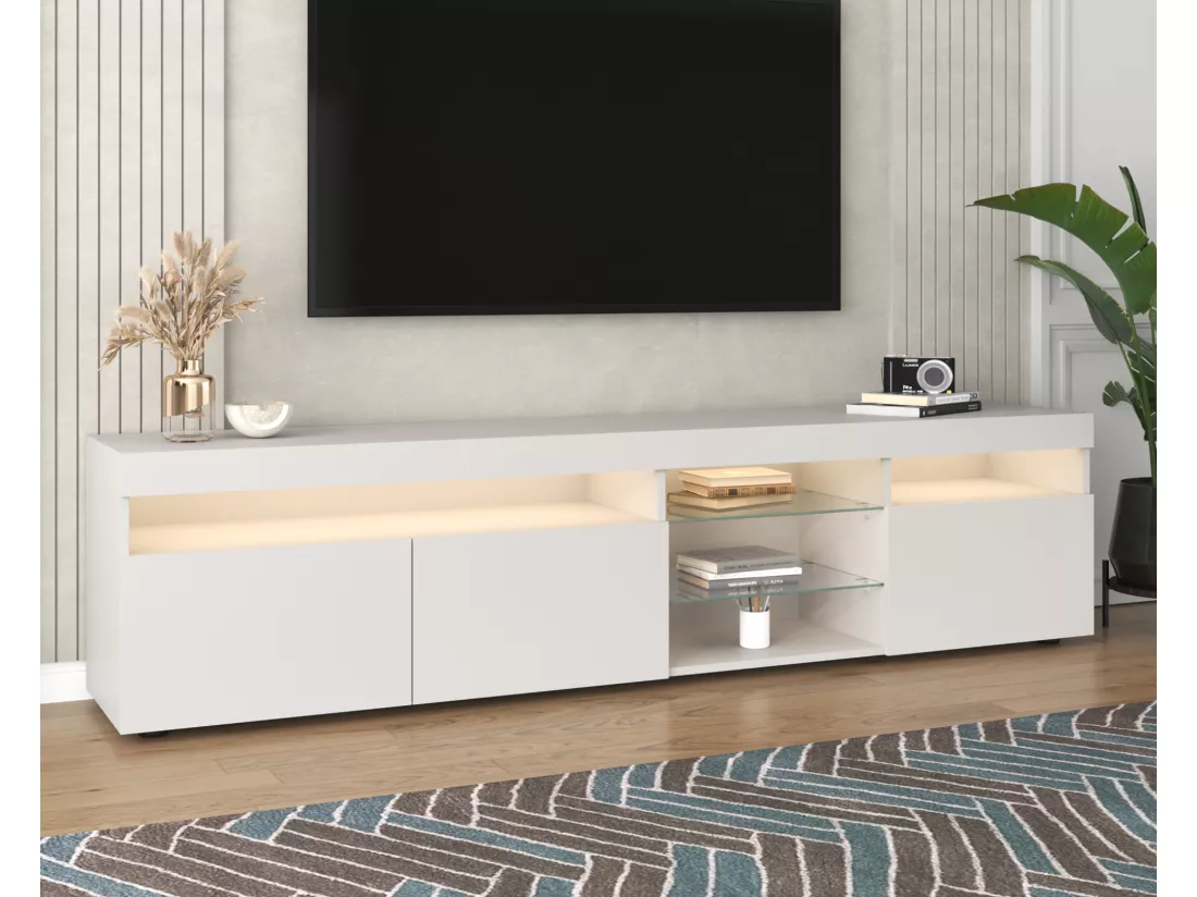 Meuble tv moderne blanc avec panneau lumineux, éclairage led variable, 180cm