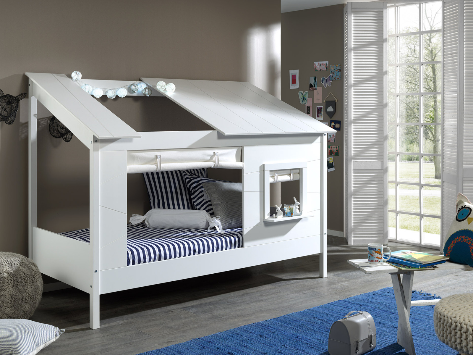 Baumhaus-Bett - weiß - teilmassiv - mit Vorhang-Set - 90x200 cm