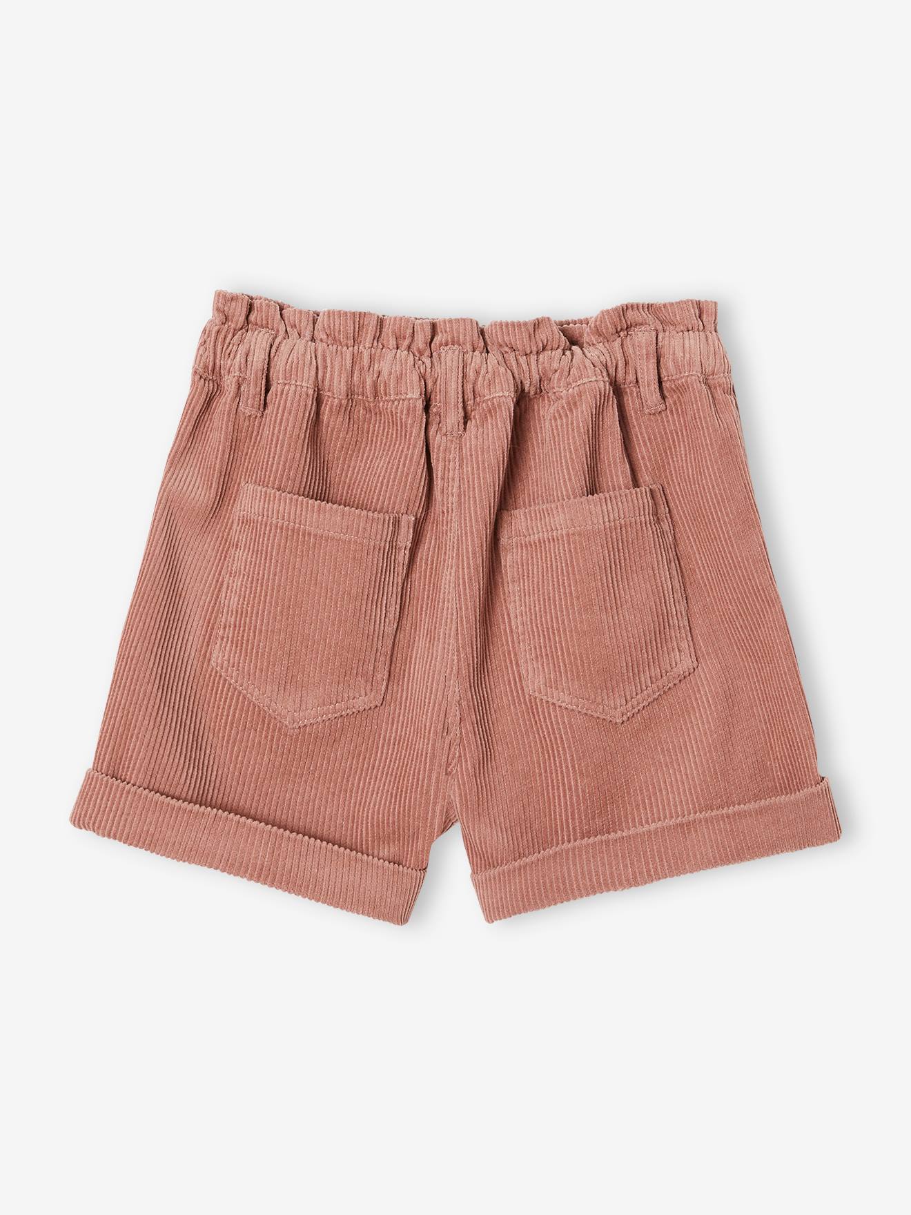 Calça curta de veludo cotelê, estilo paperbag, marrom médio, lisa.