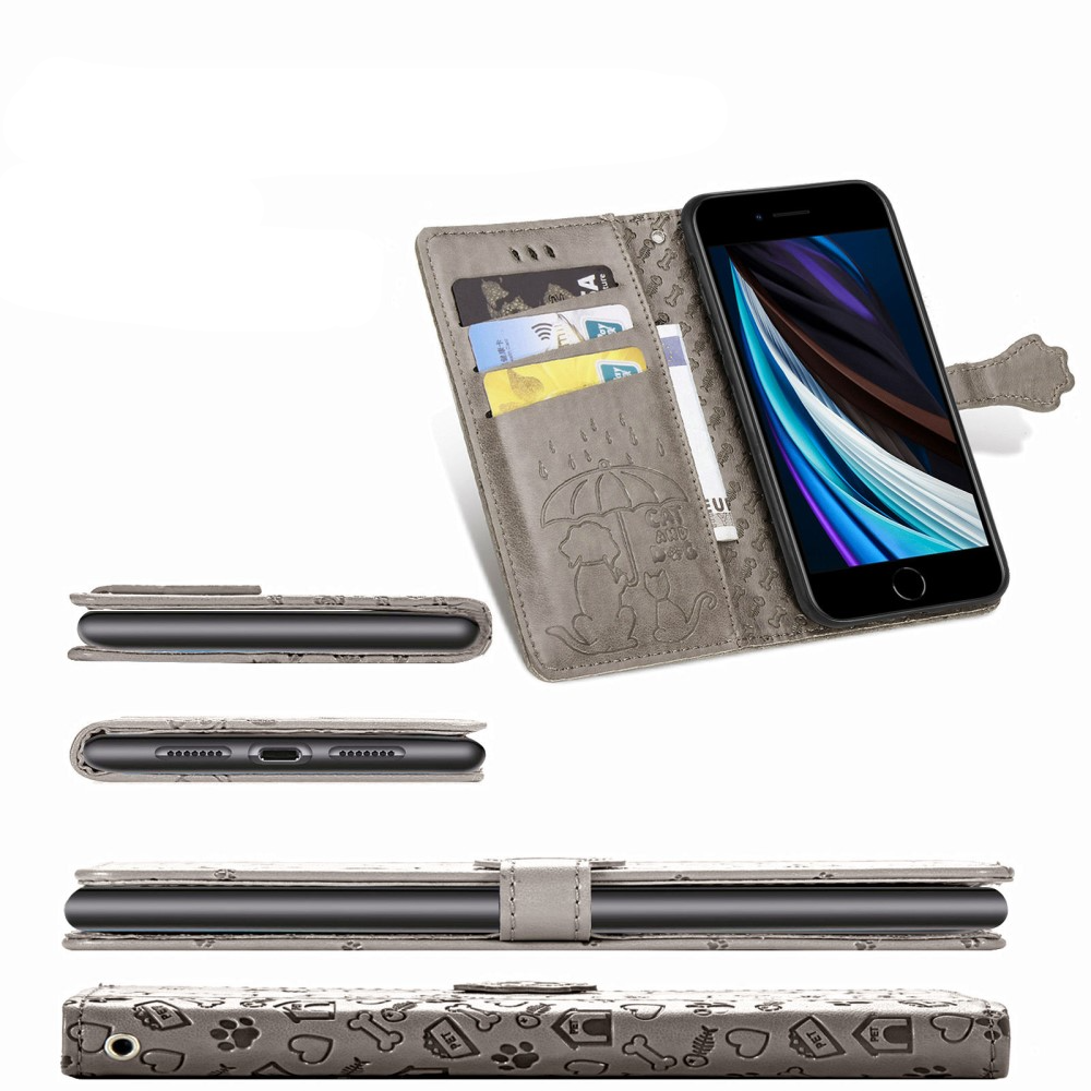 iPhone SE (2022/2020) / 8 / 7 / 6S Leder Tasche Flip Cover Hunde & Katzen Imprint - Grau
