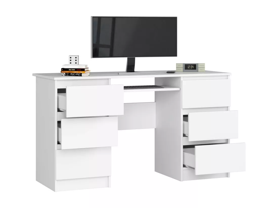 Bureau d'ordinateur AKORD A11 Blanc 135 cm 6 tiroirs façade Blanche 135x50x77 cm