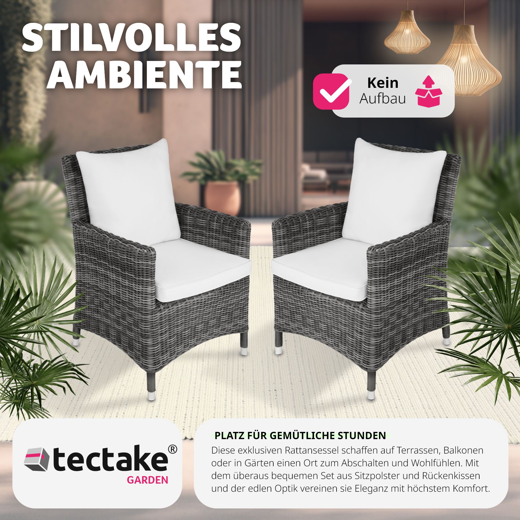 tectake® 2er Set Rattanstuhl, mit Aluminiumgestell, natürlich nachempfundenes Geflecht, 62 x 66 x 88 cm