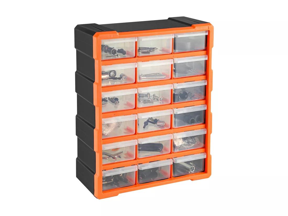 Boîte à outils de rangement, 18 tiroirs extensible en plastique, 38x16x46.5cm, Orange