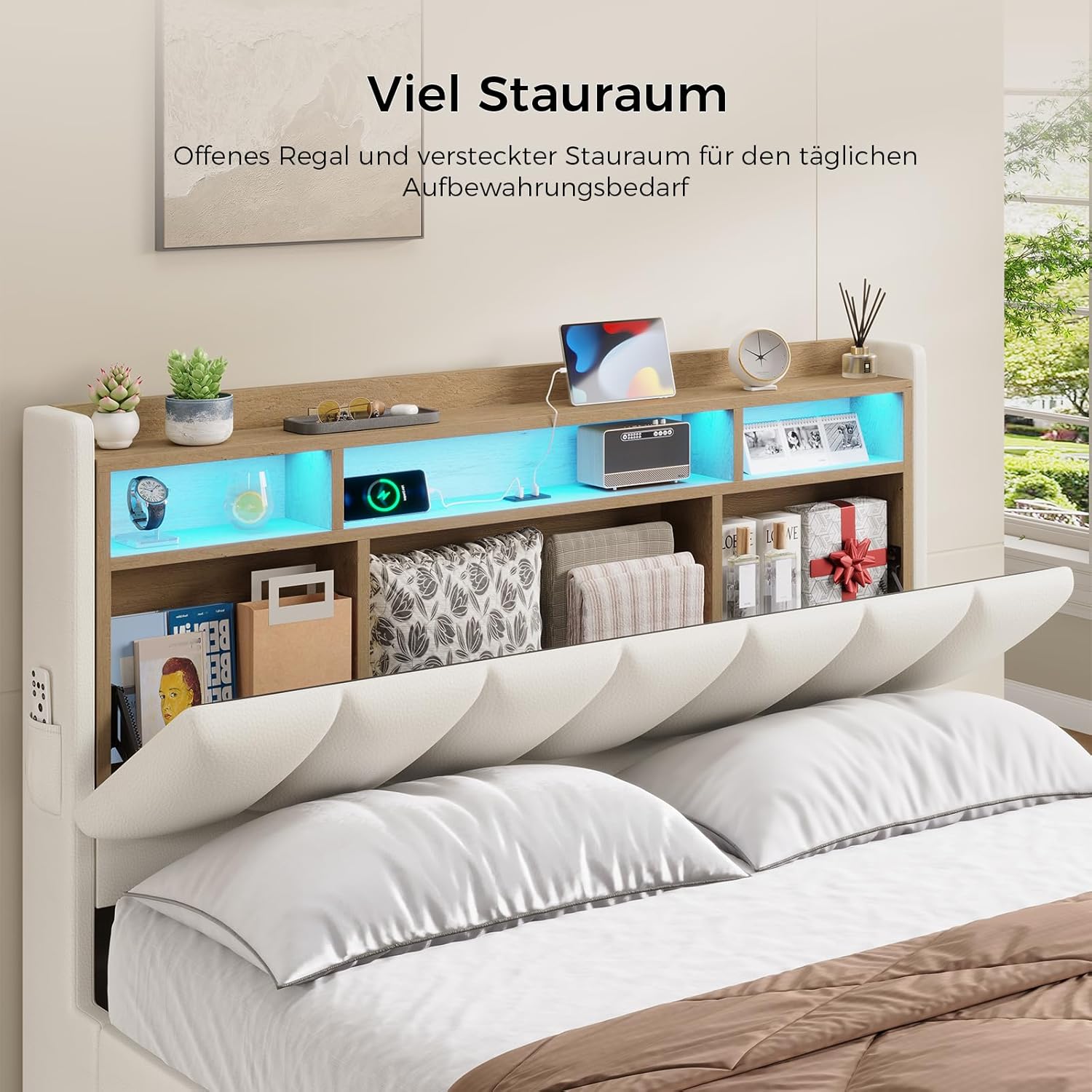 Bett mit LED Beleuchtung, Hydraulisches Bett 140 x 200 cm, Polsterbett, Regalkopfteil mit Stauraum, Bettgestell mit Lattenrost, bequem, für Schlafzimmer, Gästezimmer, PU Weiß