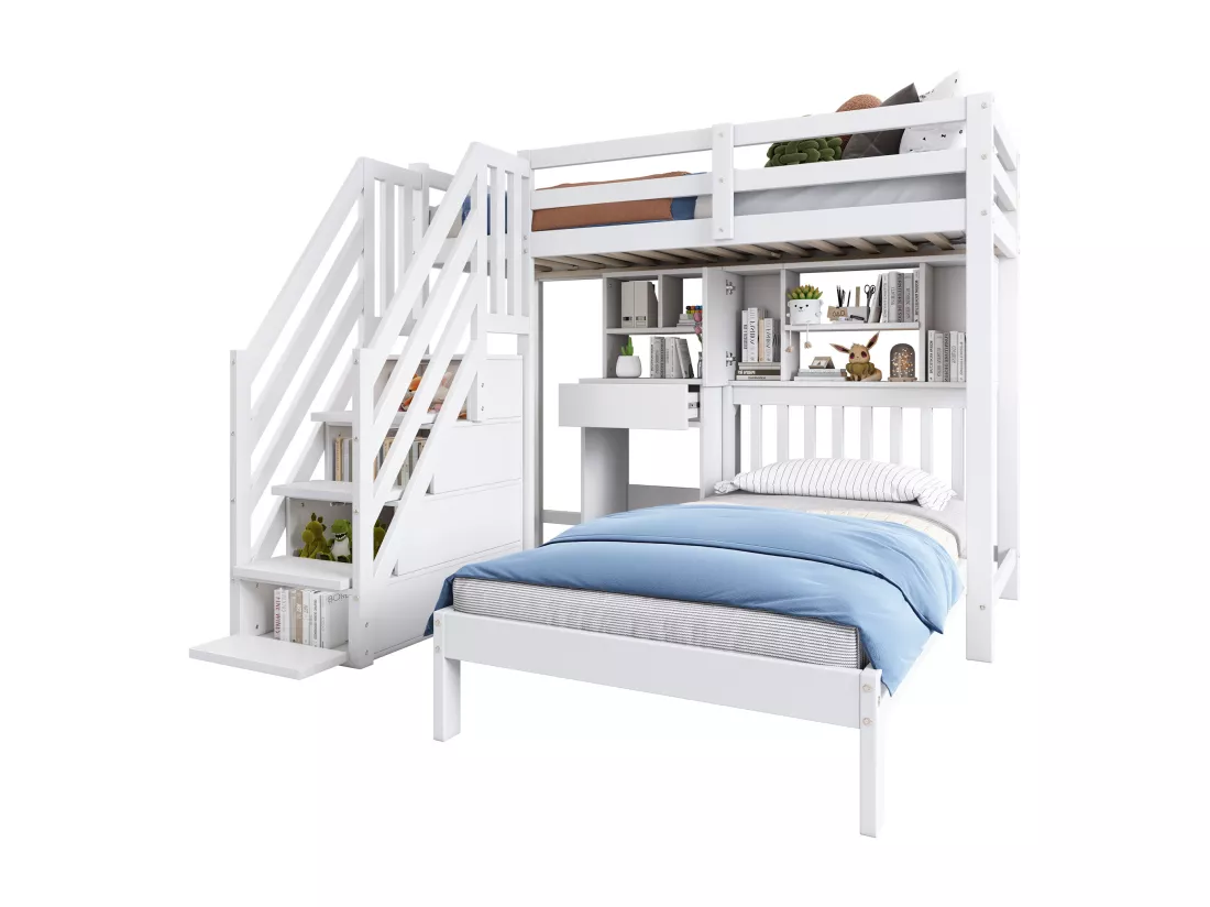 Lits superposés multifonctionnel pour enfant - 2 x 90 x 200 - 4 rangement dans l'escalier - avec bureau et tiroir - pin - blanc