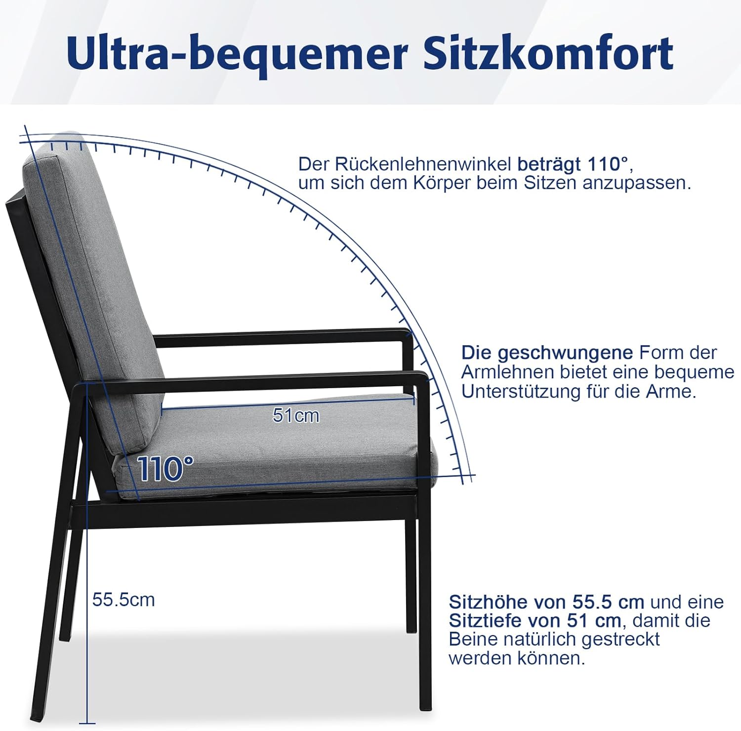 Atenza Gartenmöbel Set 6 Personen, 6+1 Aluminium Tisch und Stühle Set, 6 Sessel, 1 WPC Esstisch, inkl. Auflagen, Wetterfest Terrassenmöbel für Garten Terrasse Balkon (Schwarz, 6 Sessel+1 Esstisch)