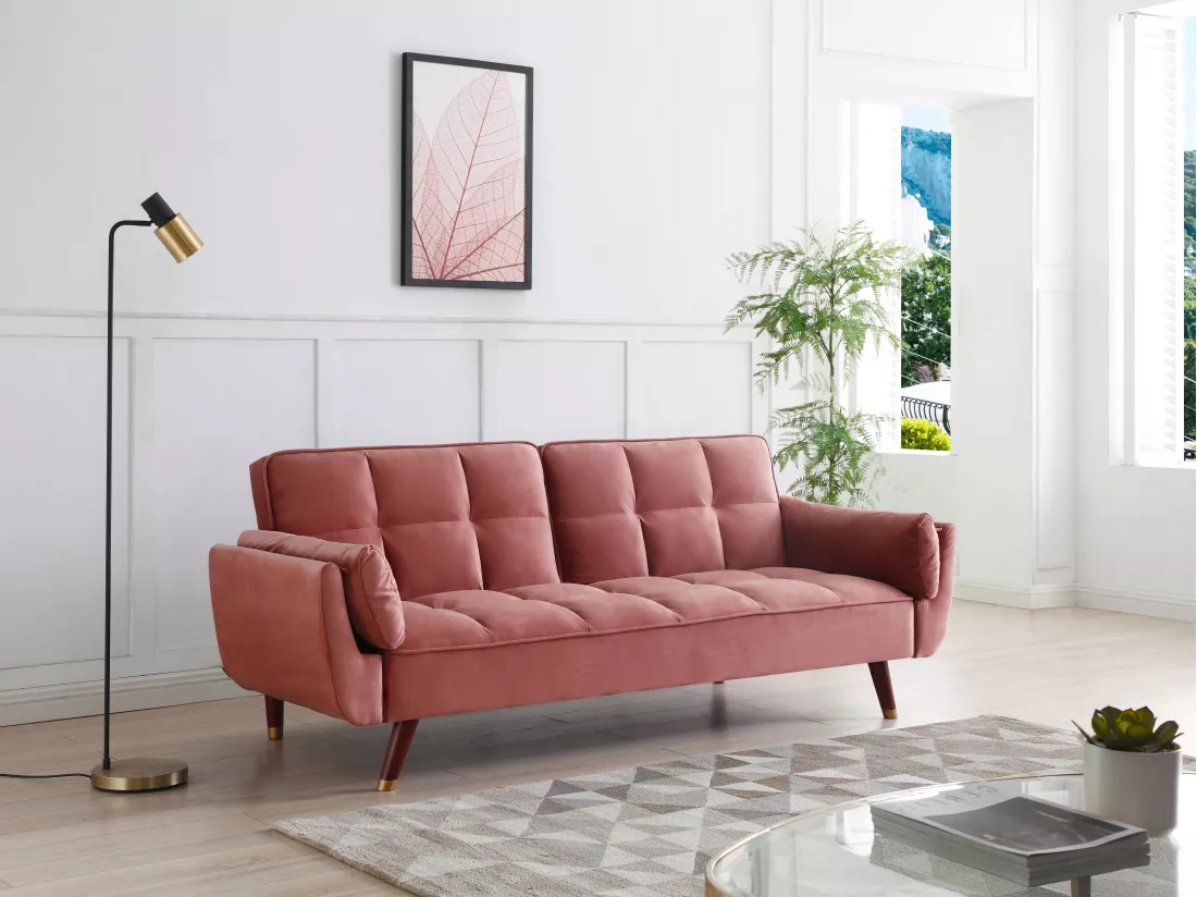 Canapé 3 places convertible clic-clac en velours rose GULCAN