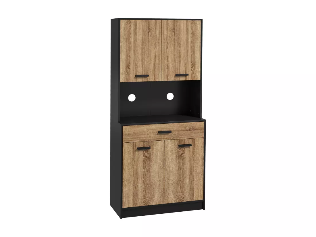 Buffet haut style industriel - 4 portes, 2 étagères, tiroir, niche - panneaux noir aspect chêne clair