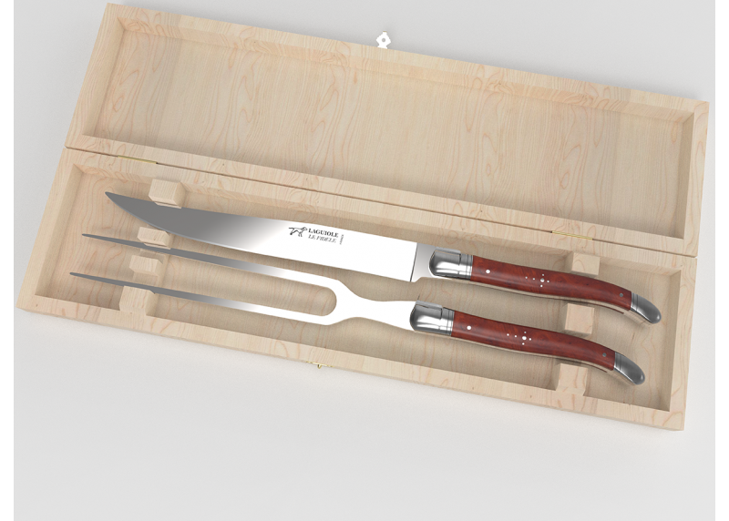 Service à viande Laguiole avec un manche en loupe d'amboine et mitres en acier inoxydable