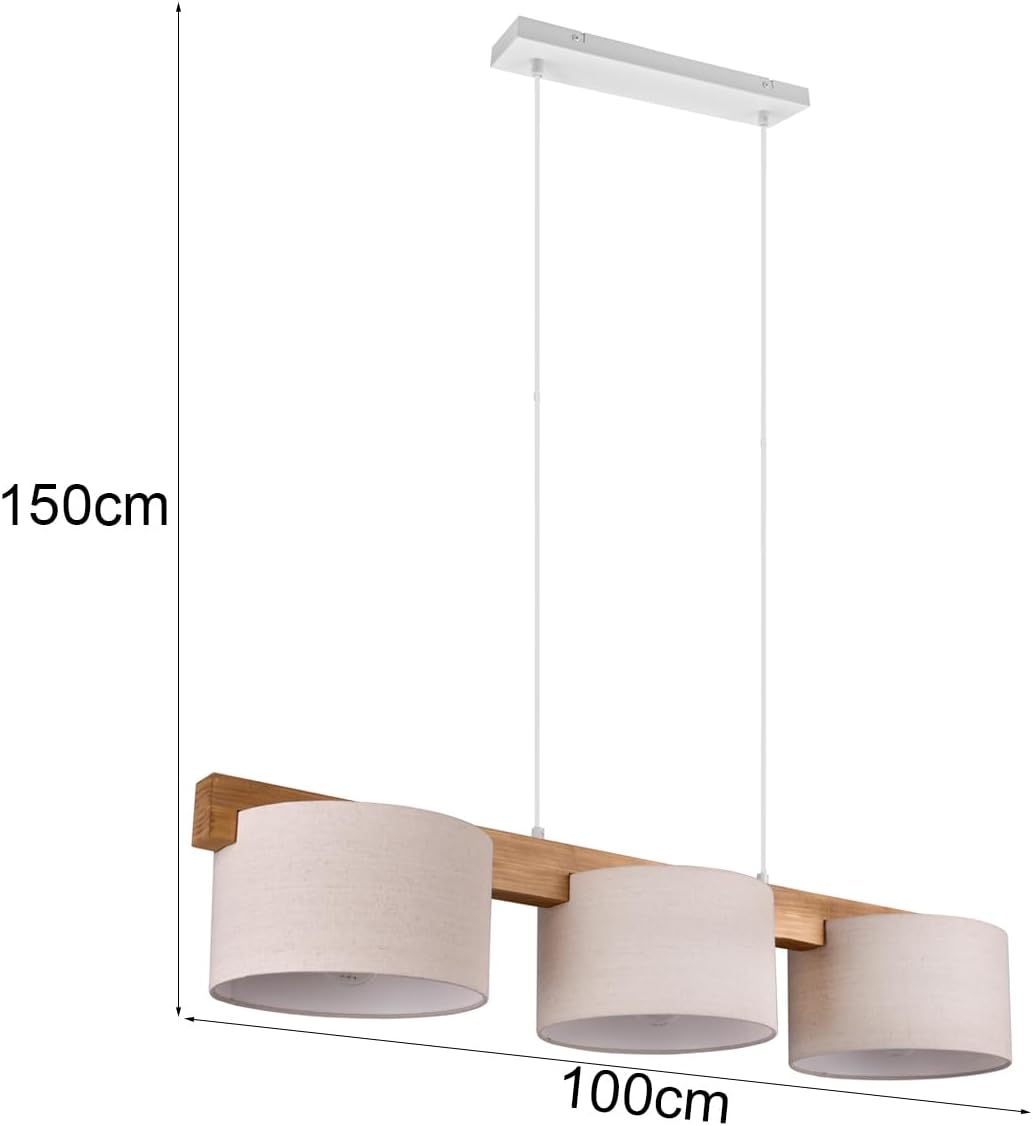 meineWunschleuchte Holzbalken Pendelleuchte 3 flammig mit Stoff Lampenschirmen in Beige, Breite 100cm