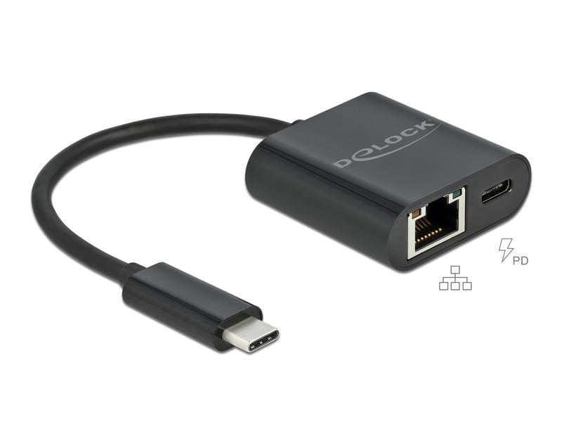 Delock Netzwerk-Adapter Typ-C – RJ-45, 1Gbps mit Powerdeliv USB Type-C Adapter zu Gigabit LAN 10/100/1000 Mbps mit Power Delivery Anschluss Schwarz