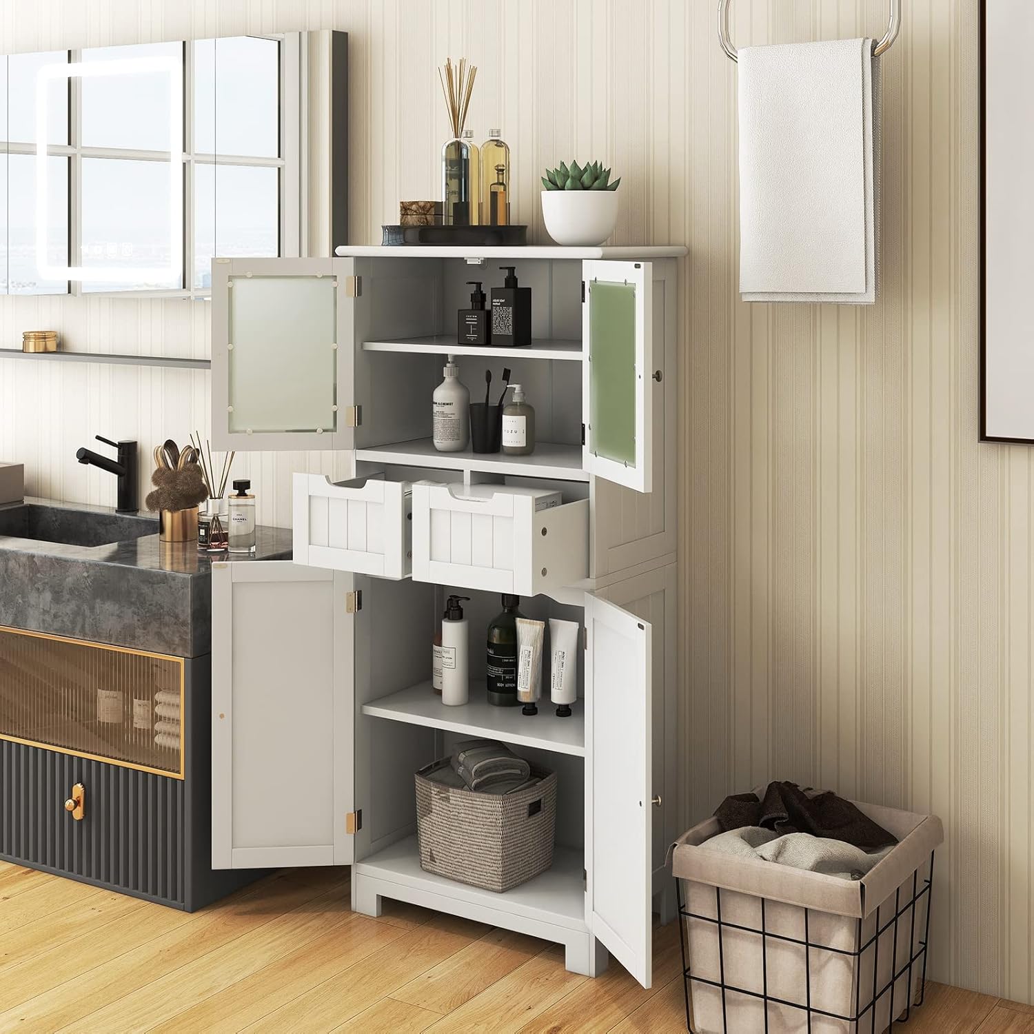 GIANTEX Badezimmerschrank, Badschrank mit 2 Schubladen, 4 Türen & verstellbaren Ablagen, 60 x 30 x 128cm, Aufbewahrungsschrank für Küche, Badezimmer & Wohnzimmer (Weiß)