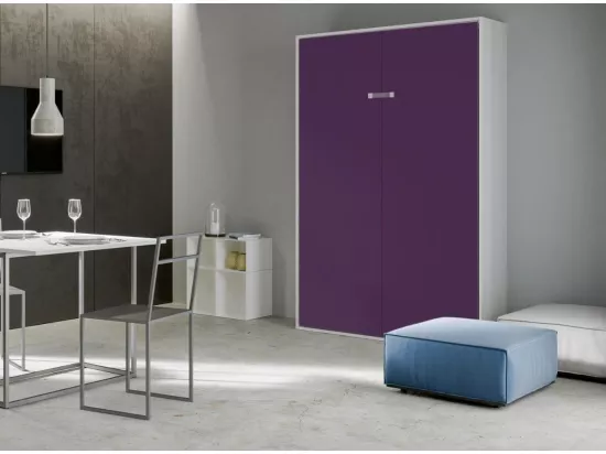 Lit escamotable vertical frêne blanc et porte violet kanto 120x190