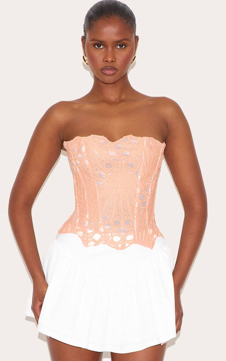 Pêche Corset En Dentelle Florale Transparente Texturée