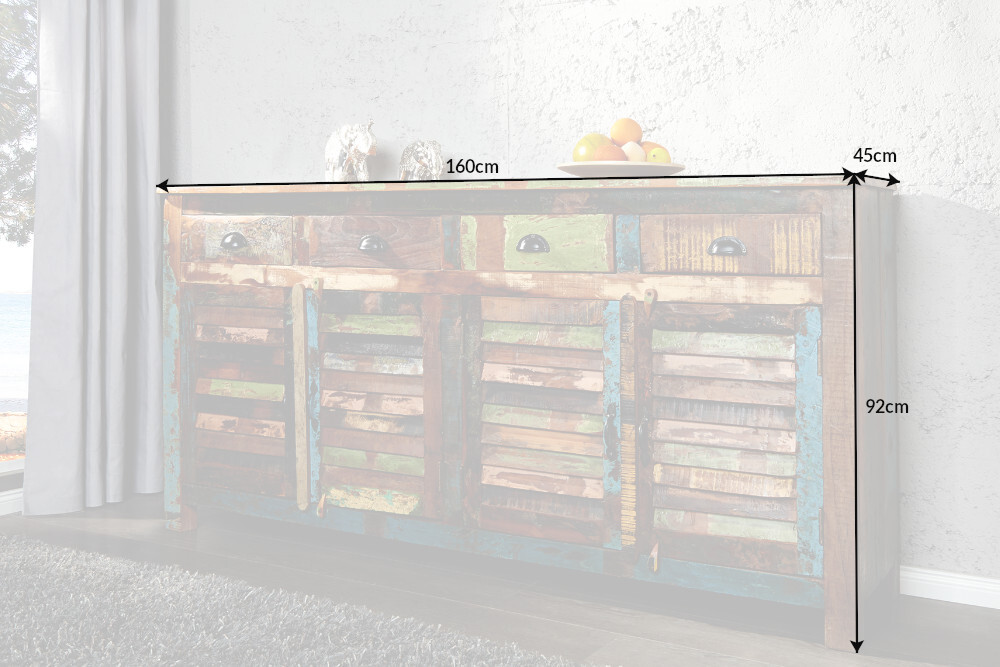 Einzigartiges Sideboard JAKARTA 160cm bunt recyceltes Massivholz aus Fischerbooten