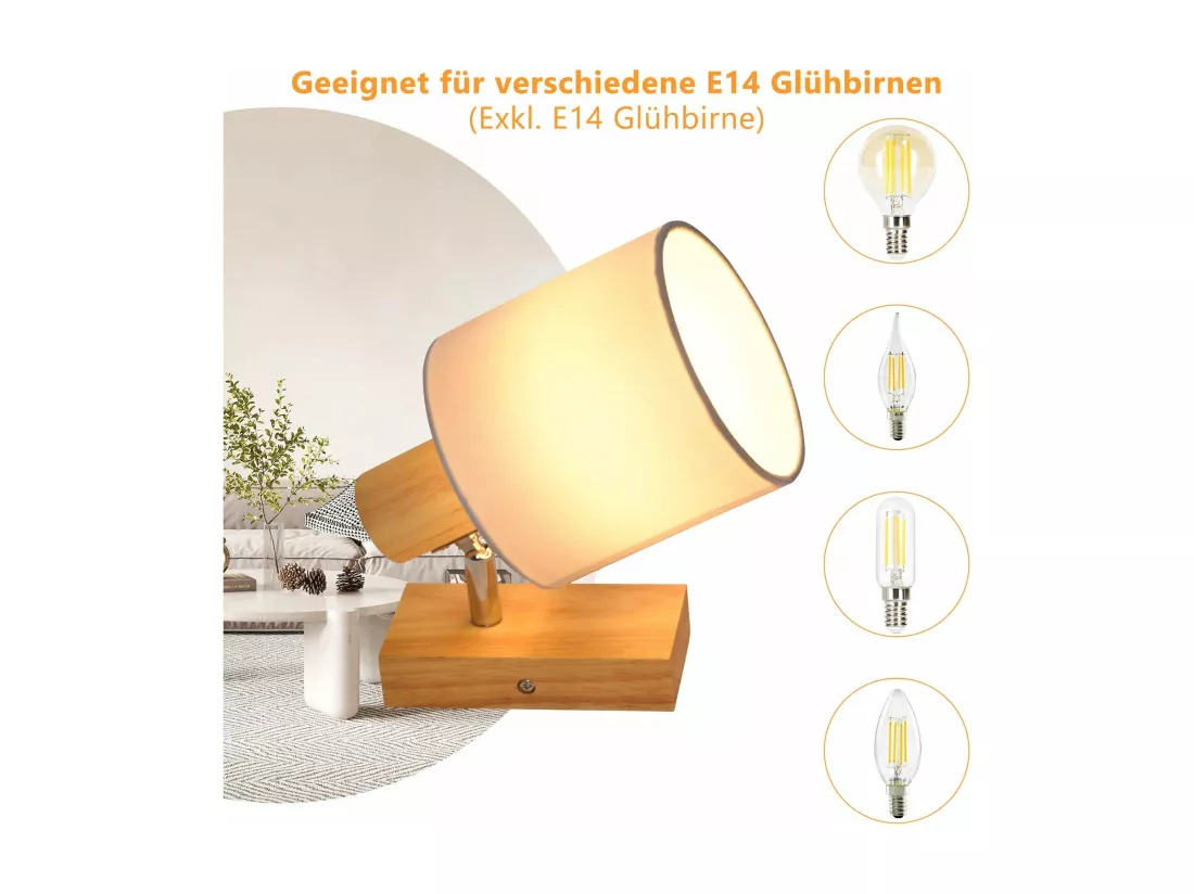 NETTLIFE Spot de Plafond Couloir Mural Moderne en Bois Pivotant à 350° E14 MAX.40W pour Salon Chambre Cuisine (sans Ampoule)