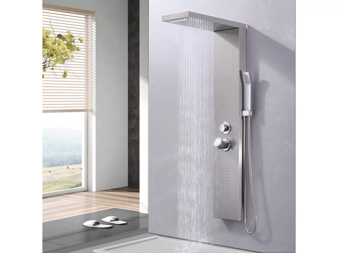 Homelody Colonne de Douche Hydromassante, Panneau de Douche Multifonction en Acier Inox a Montage Mural , chromé