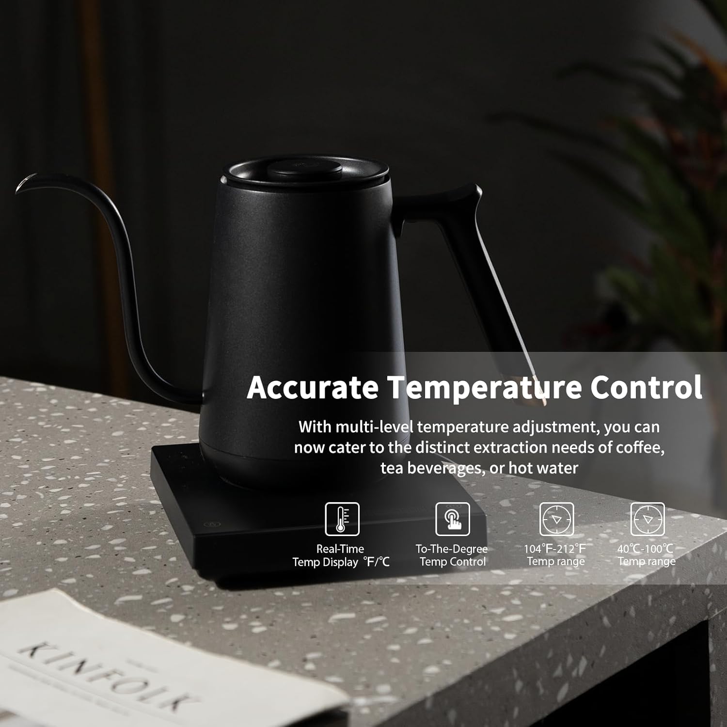 TIMEMORE wasserkocher mit temperatureinstellung Elektrischer Schwanenhalskessel BPA-freier wasserkocher edelstahl Teekocher elektrisch Automatische Abschaltung für Kaffee, 600ml, Mattschwarz