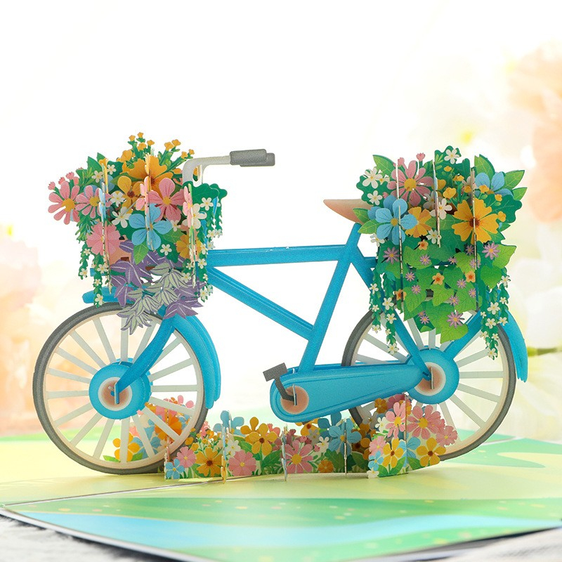 Glückwunschkarte Gruss Pop-Up Doppelkarte   Umschlag - Velo / Blumen