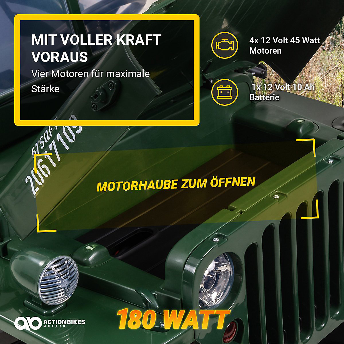 Kinder Elektroauto Jeep Willys - 4x45 Watt - Kinderauto mit Fernbedienung - Soundmodul gr&uuml;n