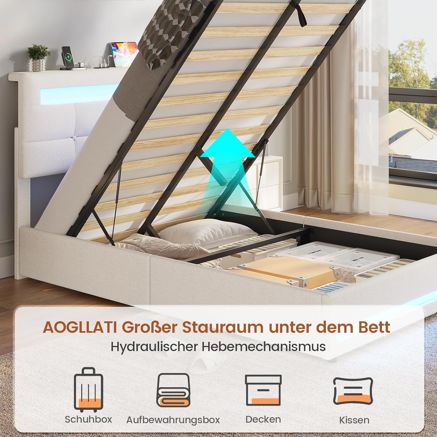 AOGLLATI Hydraulisch Stauraumbett 90×200cm, Polsterbett Doppelbett mit LED und USB-Ladefunktion, Funktionsbett Jugendbett mit Stauraum und Lattenrost, Linen,Ohne Matratze, Beige