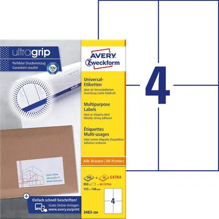 Avery Zweckform 3483-200 Universal-Etiketten,A4 mit ultragrip,105 x 148 mm, 220 Bogen/880 Etiketten, weiß