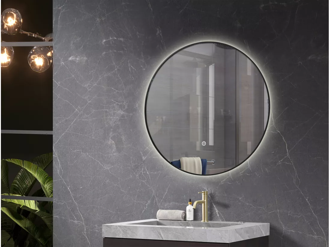 LuxuryBain- Miroir de salle de bain LED à luminosité variable 60cm rond avec cadre en aluminium noir