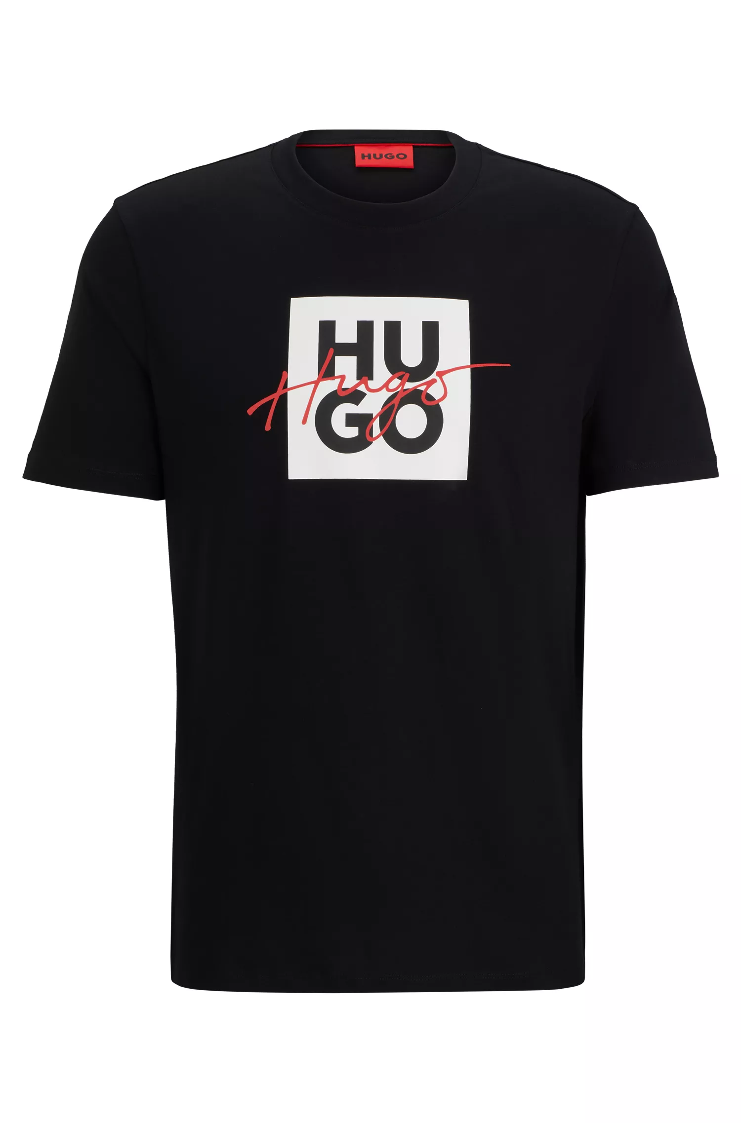 Camiseta HUGO vermelha em malha de algodão com logo duplo.