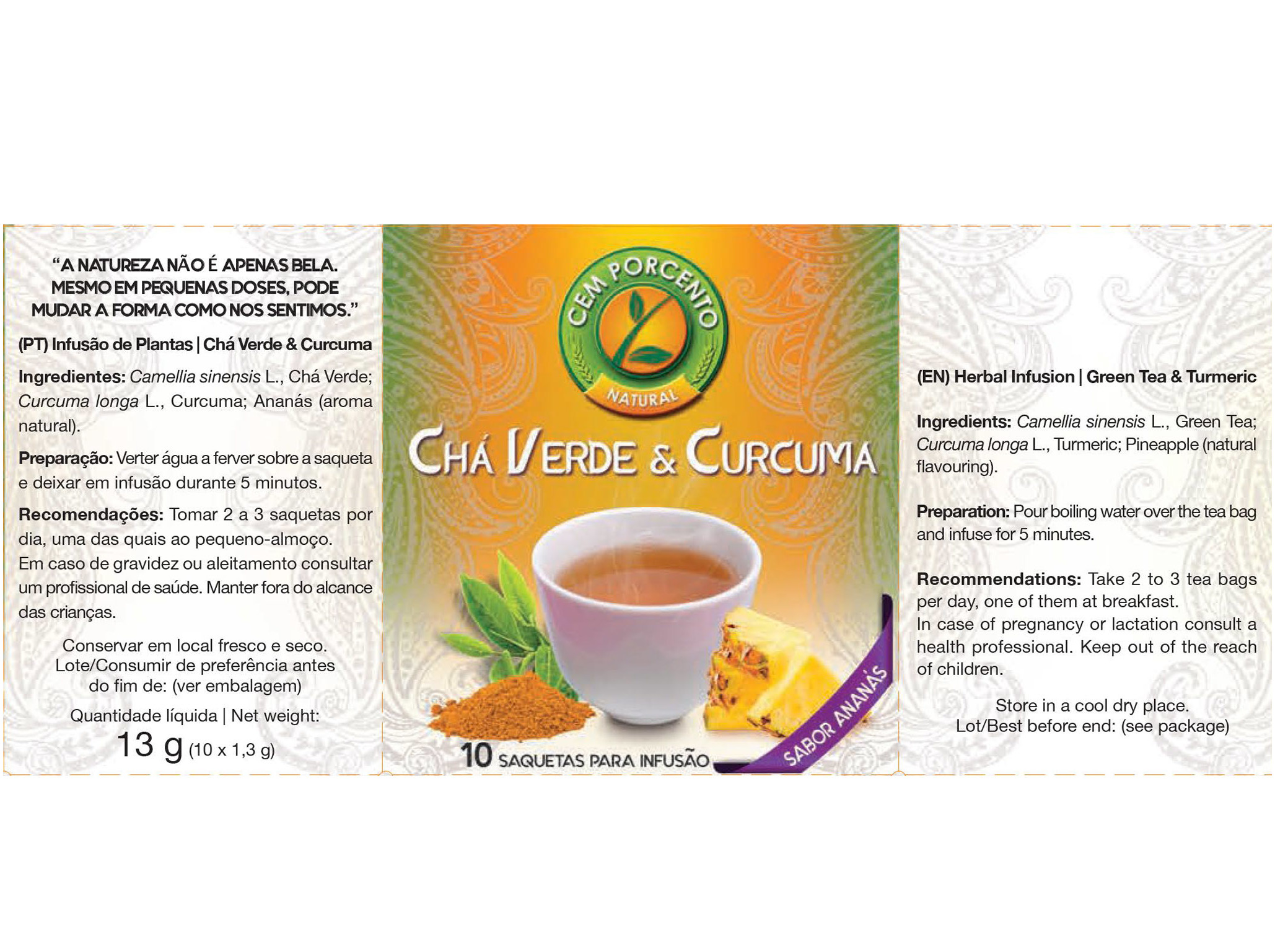 CHÁ CEM PORCENTO VERDE E CURCUMA 10 SAQUETAS