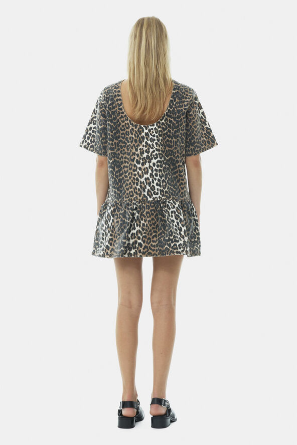 Ganni Print Denim Open-back Mini Dress Leopard