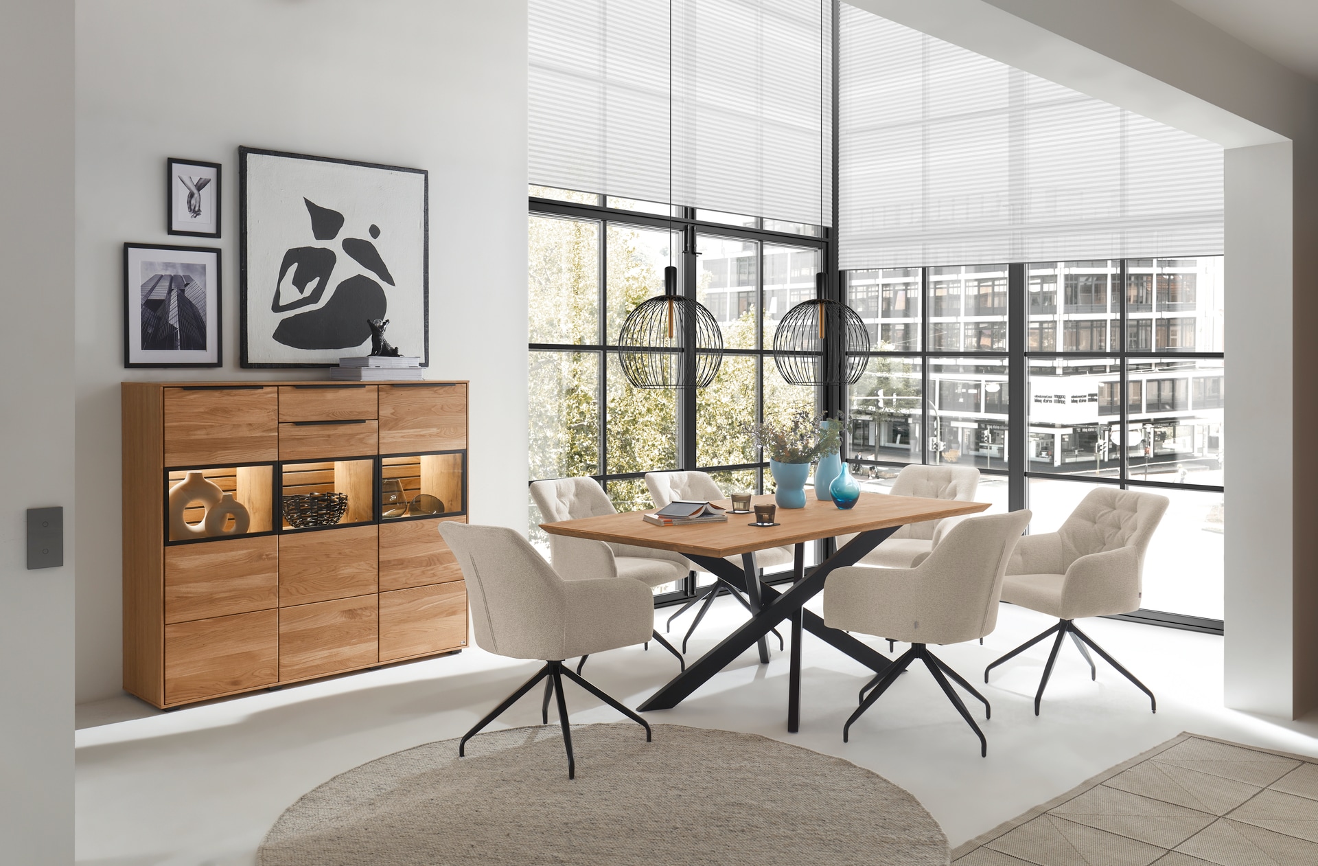 set one by Musterring Highboard JACKSON 150 x 130 cm Eiche massiv/Korpus Eiche furniert