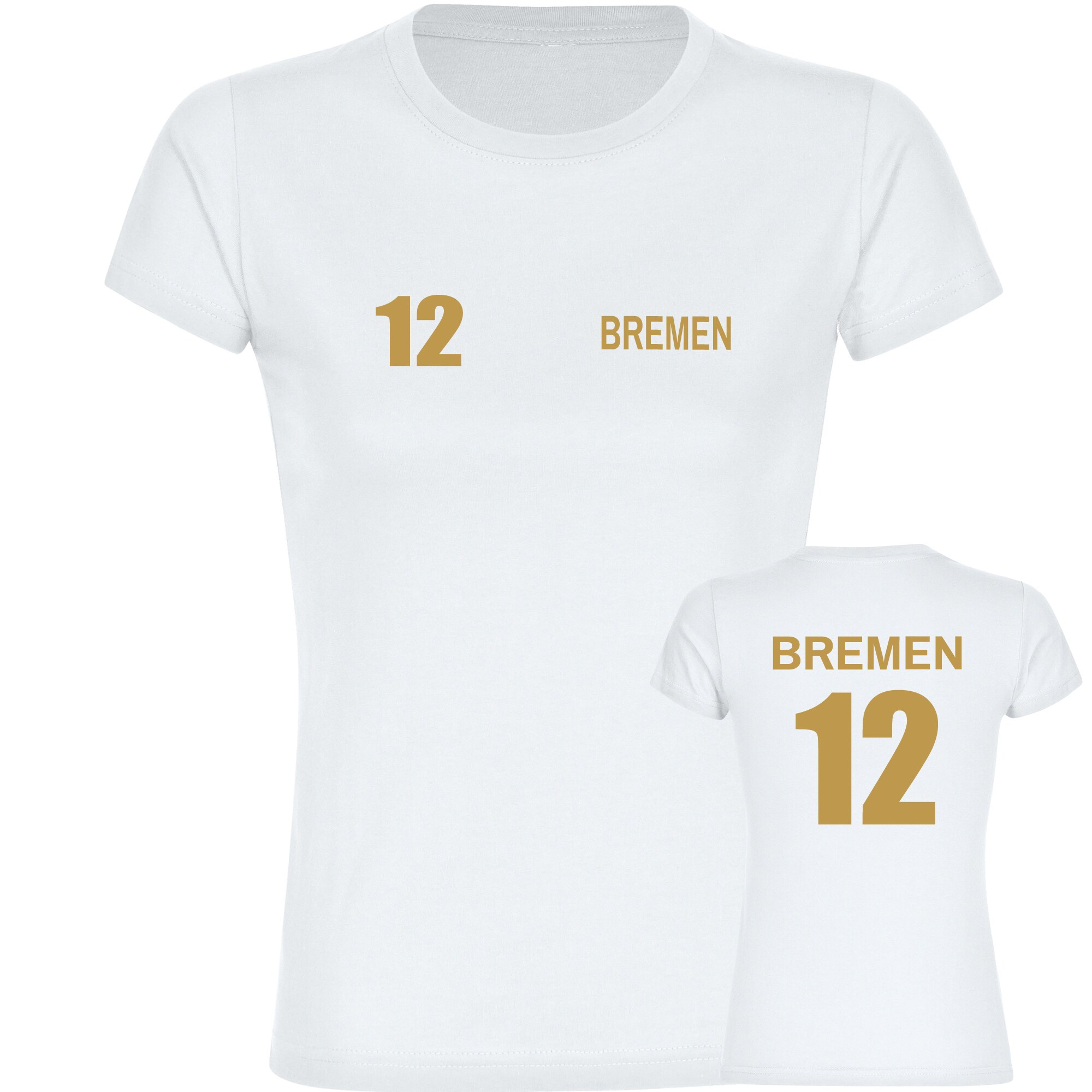 multifanshop® Damen T-Shirt - Bremen - Trikot Nummer 12 gold - Druck gold metallic