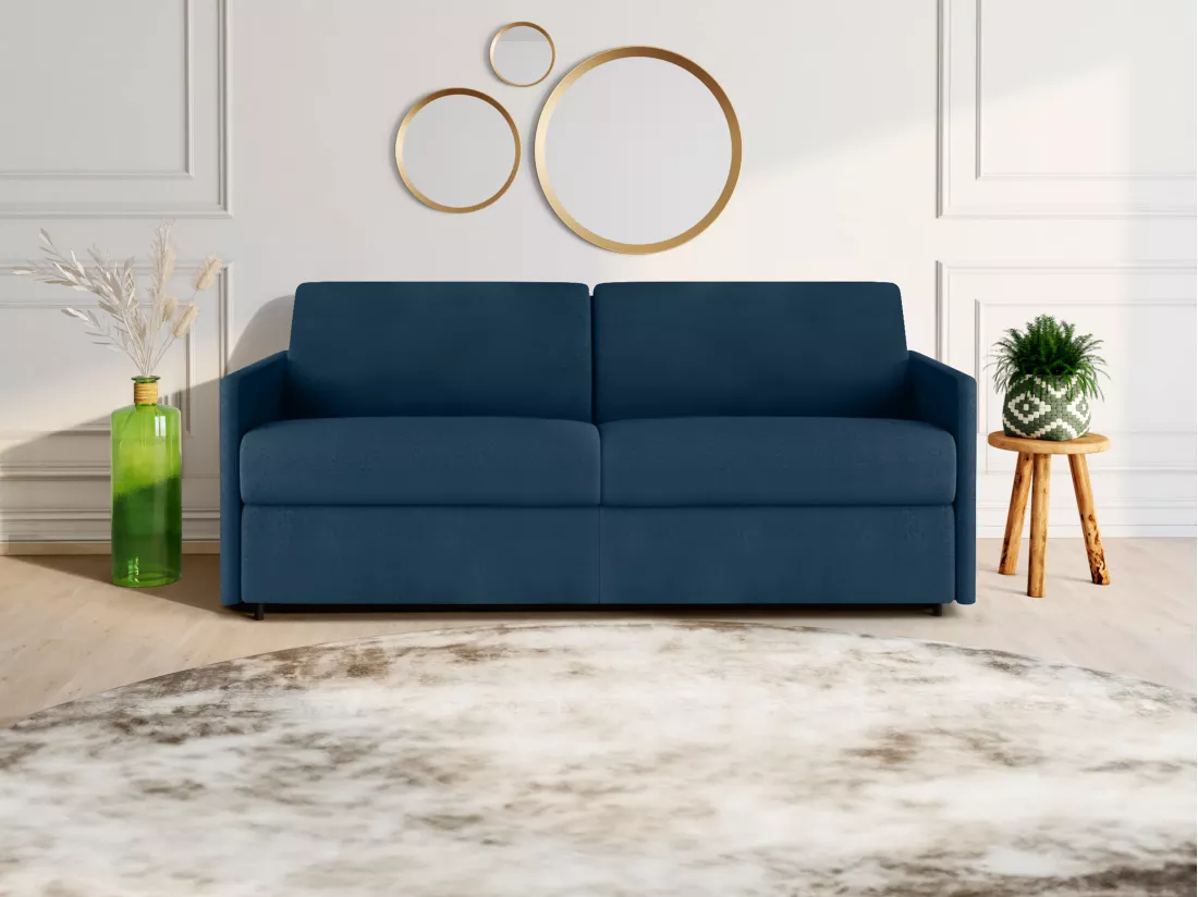 Canapé 4 places convertible express en tissu bleu foncé - Couchage 160 cm - Matelas 18 cm CALIFE