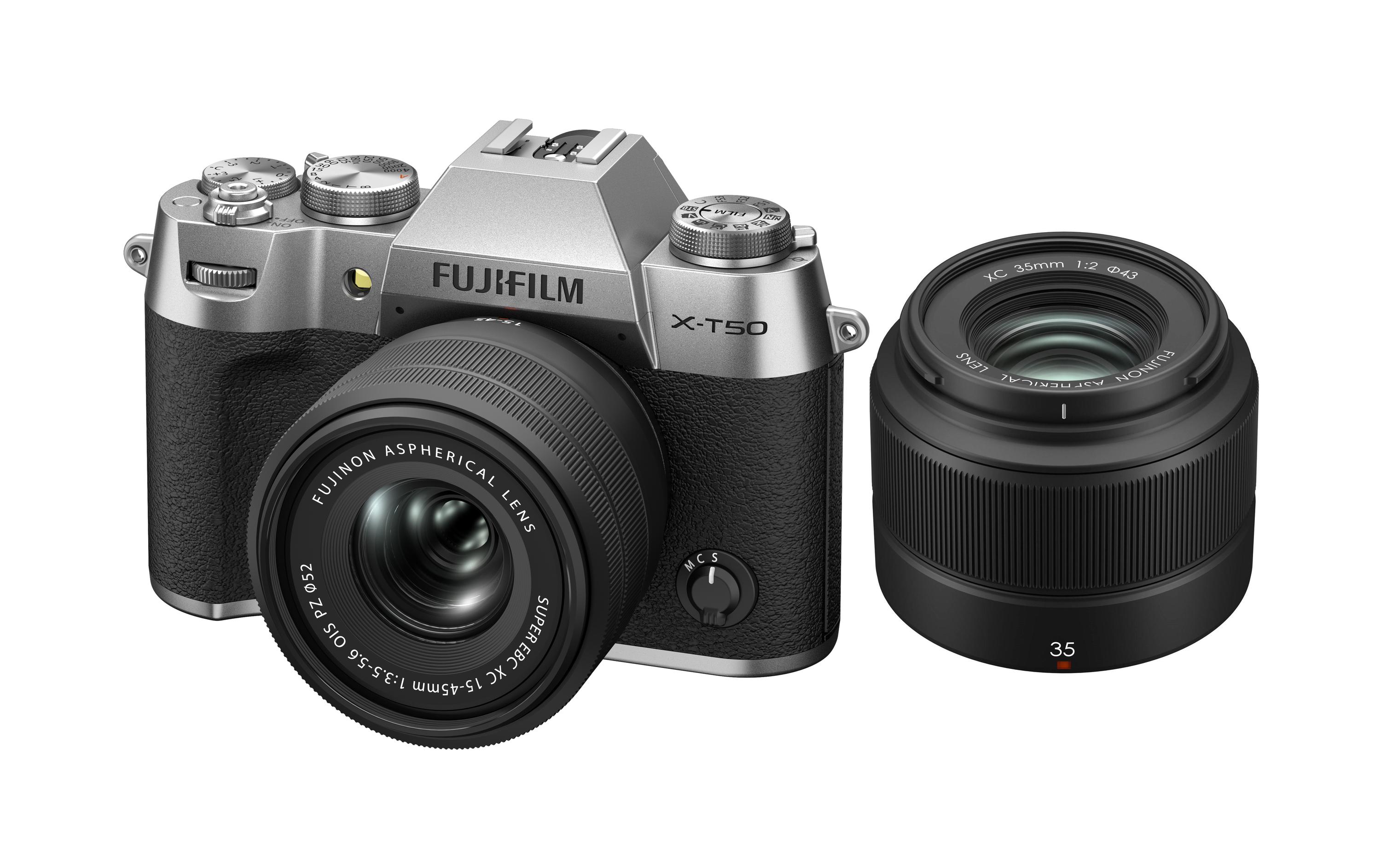 Fotokamera X-T50 Silver Kit XC 15-45mm + 35mm<br>Kompakte Systemkamera mit 40.2-Megapixel-Sensor, 6.2K-Video und Filmsimulations-Einstellrad